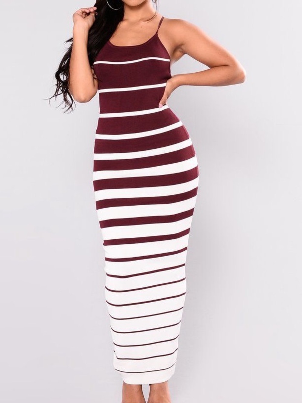 NWT Striped Spaghetti-Strap Maxi Dress in Burgundy and White Large